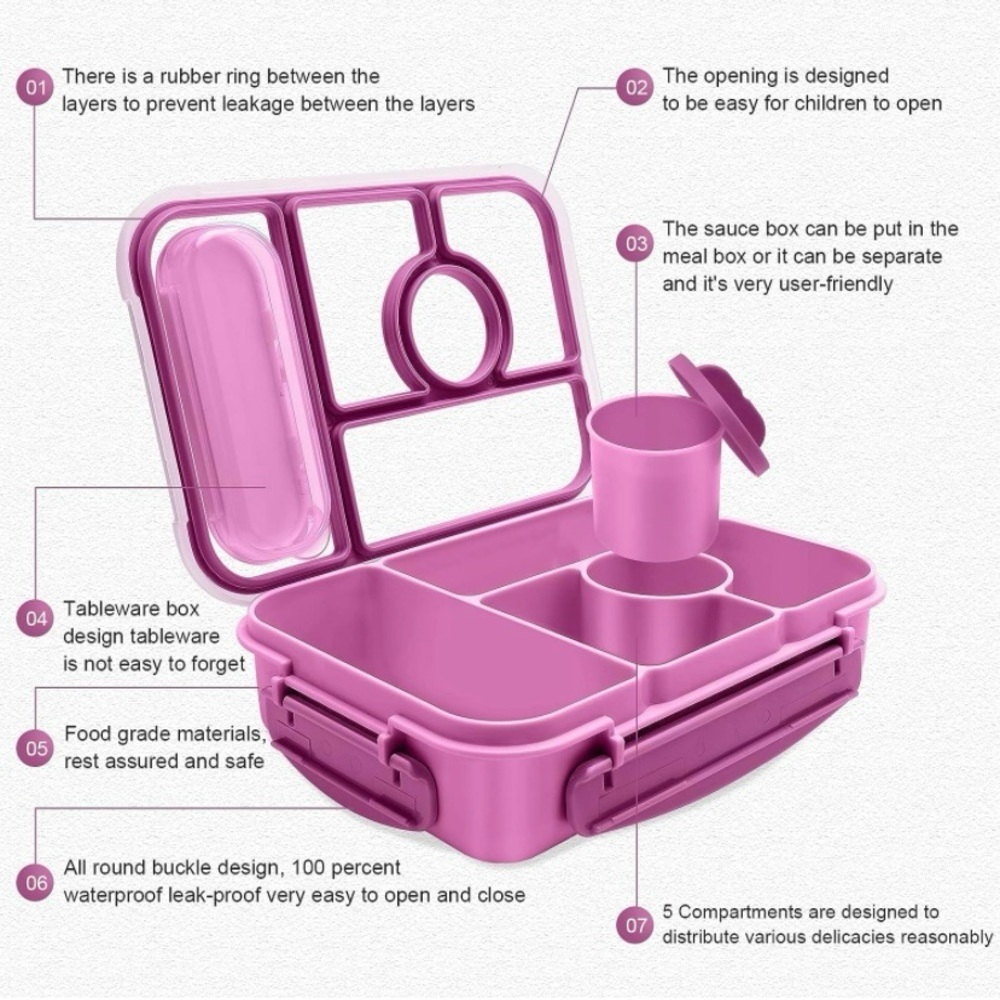 Amathley Bento Box With 5 Compartments For Lunches Adults, Kids, Purple BPA Free - Picture 6 of 8